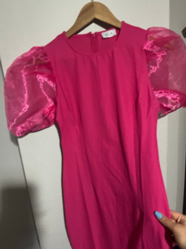 Pembe Parlak Kısa Kollu Uzun Elbise - Görsel 3