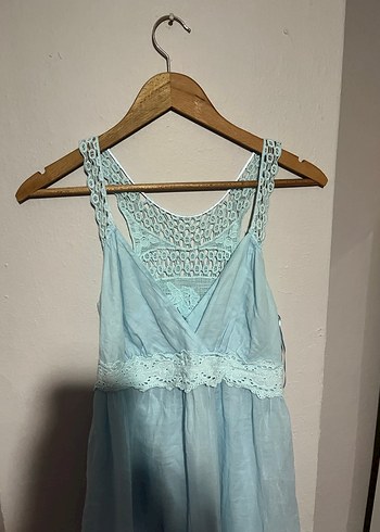 Dantel Detaylı Mavi Bohem Midi Elbise - Görsel 2