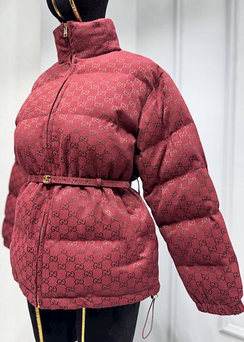 Bordo Desenli Kemerli Kadın Mont - Görsel 3