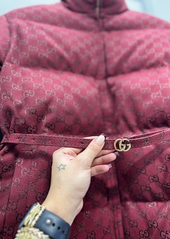 Bordo Desenli Kemerli Kadın Mont - Görsel 5