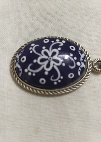 Mavi Çiçek Desenli Bohem Gümüş  Kolye - Görsel 3