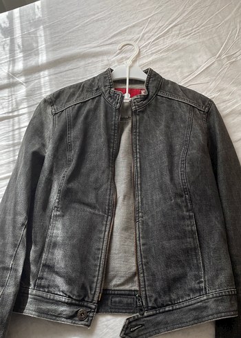 Gri Fitted Denim Ceket Fermuarlı