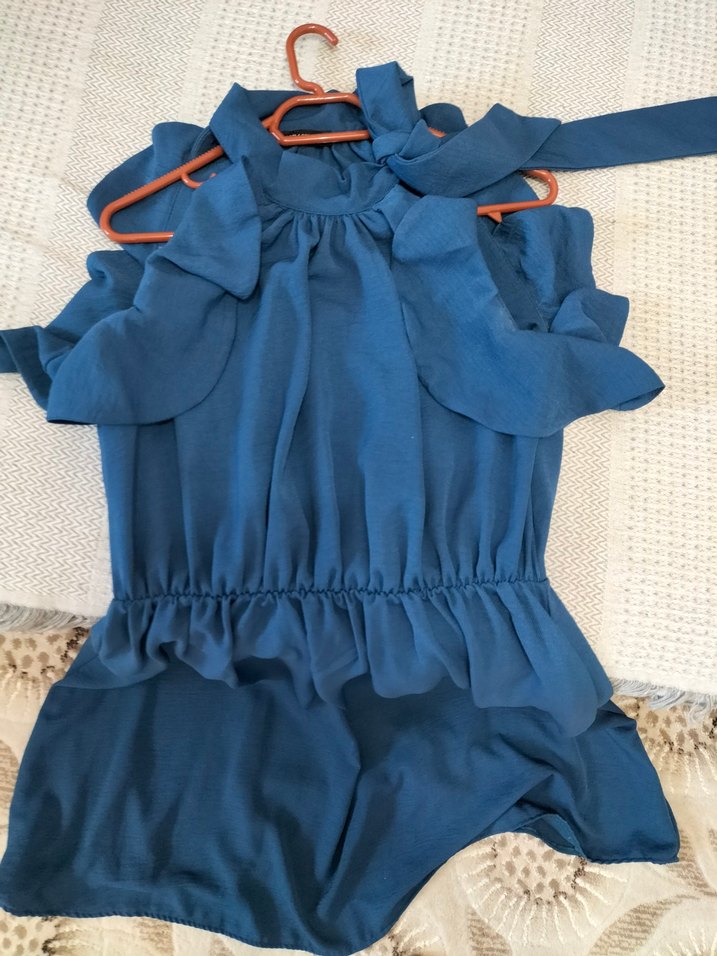 Mavi Keten Midi boy elbise - Görsel 2