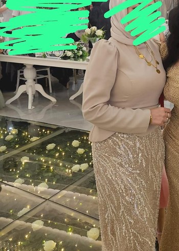 Diğer Bej Uzun Kollu Drapeli Abiye Elbise