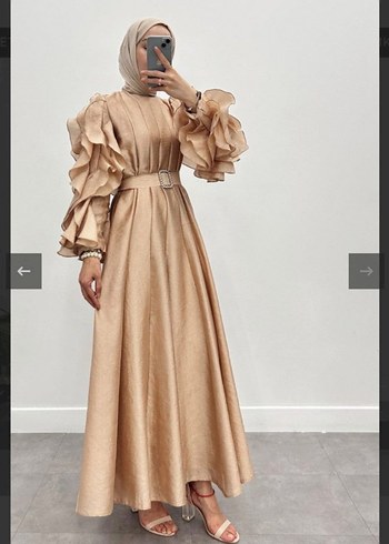 Bej Fırfırlı Uzun Tesettür Elbise - Görsel 2