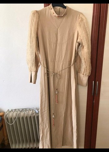 Bej Uzun Keten Elbise Düğmeli Bohem Stil - Görsel 6