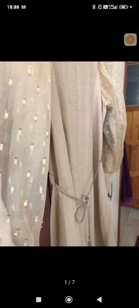 Bej Uzun Keten Elbise Düğmeli Bohem Stil - Görsel 2