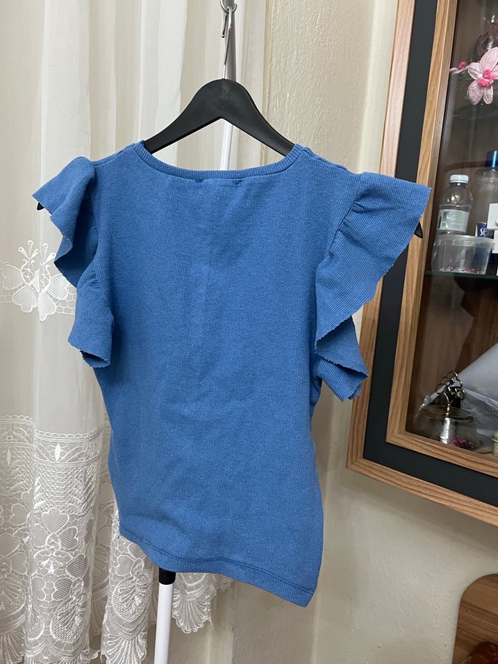 Kız Çocuk Fırfırlı Mavi Kısa Kollu Tişört - Görsel 2