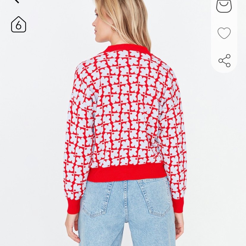 Kırmızı Desenli V Yaka Örgü Hırka - Görsel 3