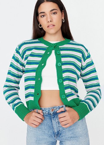 Çizgili Örgü Kadın Hırka - Görsel 4