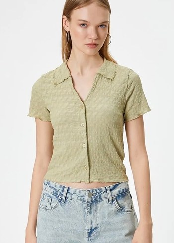 Kısa Kollu Gömlek Yaka Bluz Düğmeli Bürümcük - Görsel 2