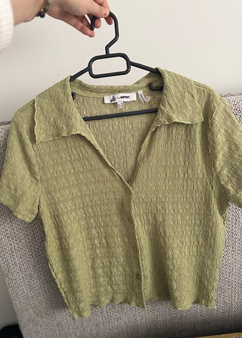 Kısa Kollu Gömlek Yaka Bluz Düğmeli Bürümcük - Görsel 4