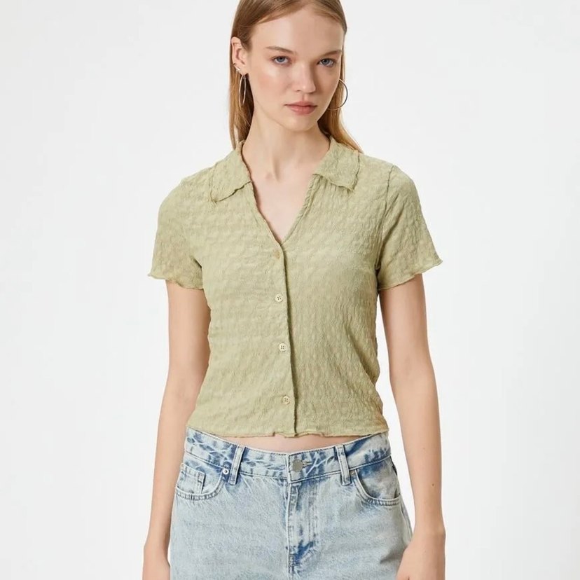 Kısa Kollu Gömlek Yaka Bluz Düğmeli Bürümcük - Görsel 2