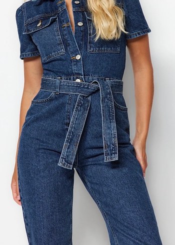 Kadın Kot Tulum Kemerli Midi Boy lacivert - Görsel 4