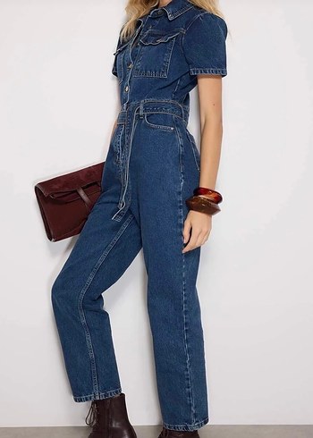 Kadın Kot Tulum Kemerli Midi Boy lacivert - Görsel 2