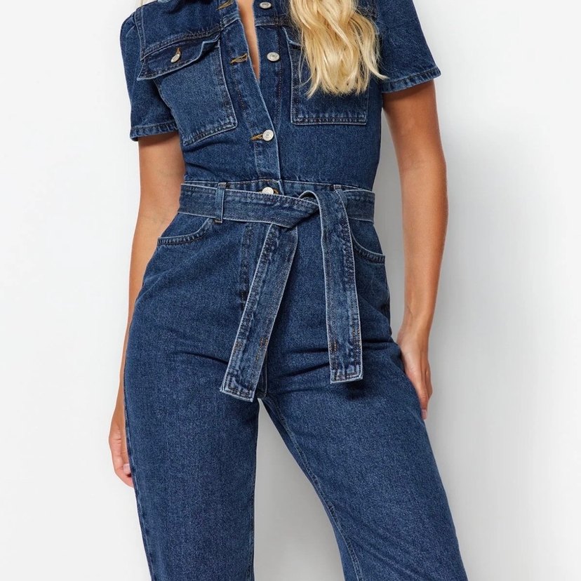 Kadın Kot Tulum Kemerli Midi Boy lacivert - Görsel 4