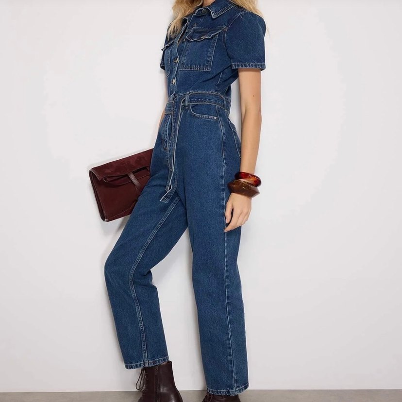 Kadın Kot Tulum Kemerli Midi Boy lacivert - Görsel 2