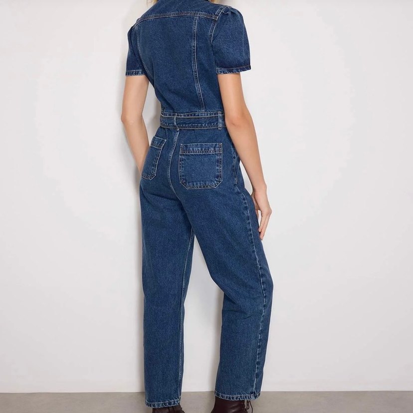 Kadın Kot Tulum Kemerli Midi Boy lacivert - Görsel 3