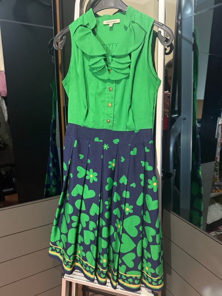 Yeşil Renkli Vintage Midi Elbise - Görsel 2