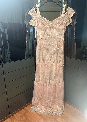 Pudra pembe payetli Uzun omuz detaylı Abiye Elbise - Görsel 2