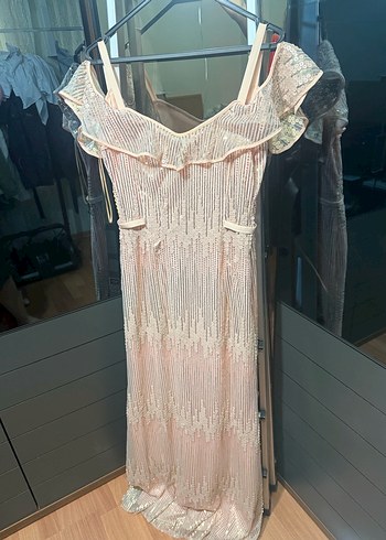 Pudra pembe payetli Uzun omuz detaylı Abiye Elbise - Görsel 5