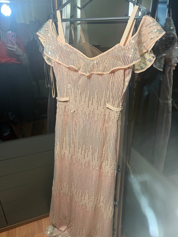 Pudra pembe payetli Uzun omuz detaylı Abiye Elbise - Görsel 3