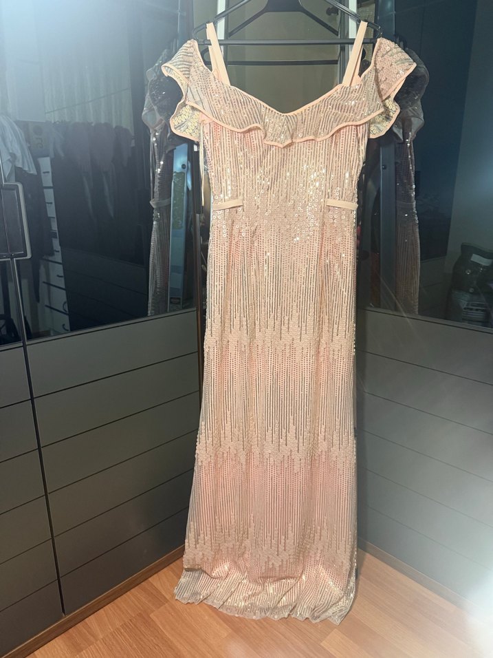 Pudra pembe payetli Uzun omuz detaylı Abiye Elbise - Görsel 2