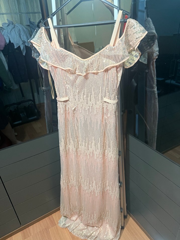 Pudra pembe payetli Uzun omuz detaylı Abiye Elbise - Görsel 5