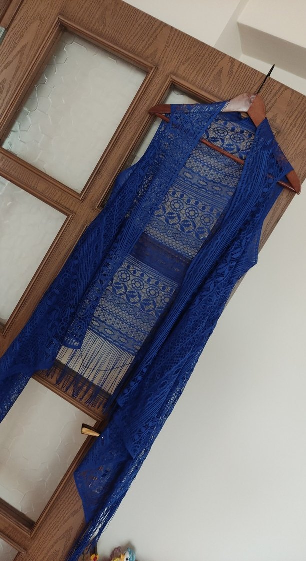 Nakışlı Uzun Mavi Bohem deniz pareo - Görsel 4