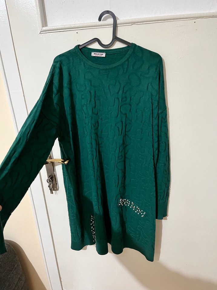 Yeşil Desenli Uzun Örme Kadın Tunik - Görsel 2