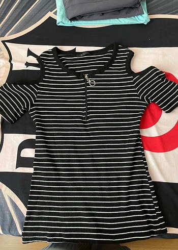 Siyah Çizgili Kısa Kollu Mini Goth Bluz