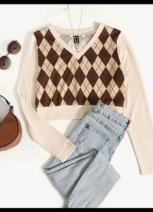 Shein bej baklava desenli crop