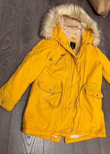 xs Beden Sarı Peluş Kapüşonlu Kadın Kışlık Mont