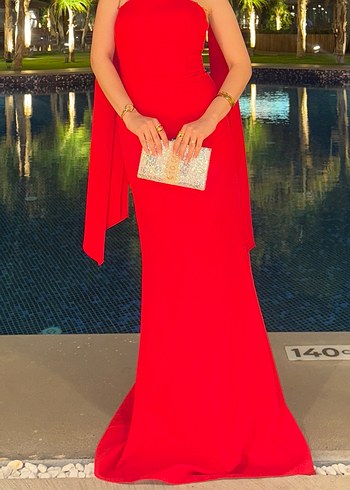 Kırmızı Drapeli Straplez Abiye Elbise yılbaşı elbisesi - Görsel 2