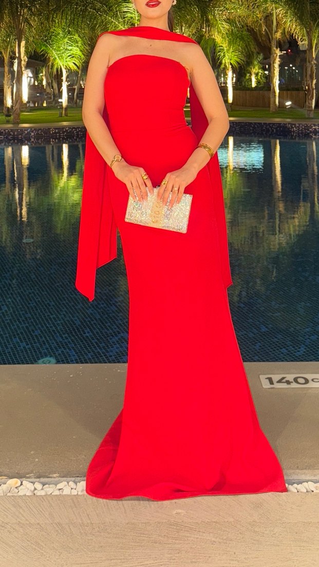 Kırmızı Drapeli Straplez Abiye Elbise yılbaşı elbisesi - Görsel 2