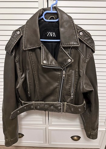 Kadın Deri Biker Ceket, Kemerli, Kahverengi