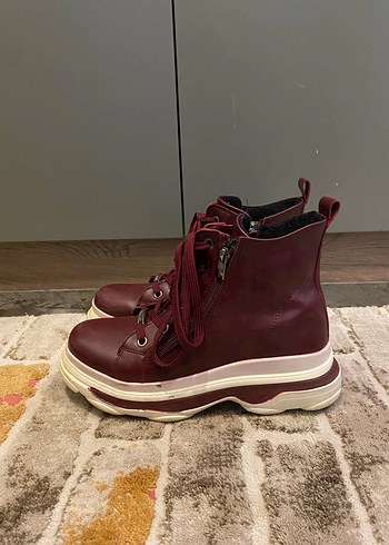 Bordo Deri Platform Topuklu Kadın Bot
