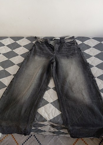 Gri Bol Kesim Kot Pantolon
