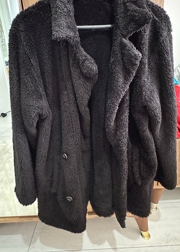 Siyah Peluş Kadın Ceket, Salaş Kesim, Midi Boy - Görsel 2