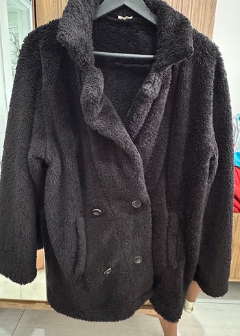 Siyah Peluş Kadın Ceket, Salaş Kesim, Midi Boy - Görsel 3