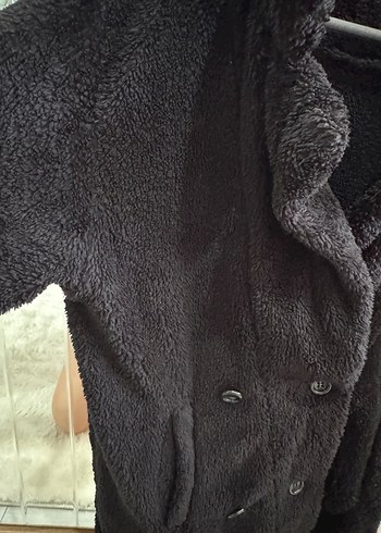 Siyah Peluş Kadın Ceket, Salaş Kesim, Midi Boy - Görsel 4