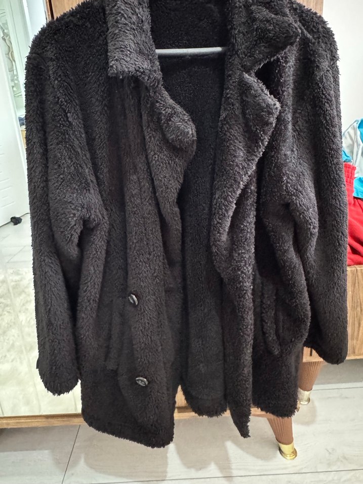 Siyah Peluş Kadın Ceket, Salaş Kesim, Midi Boy - Görsel 2