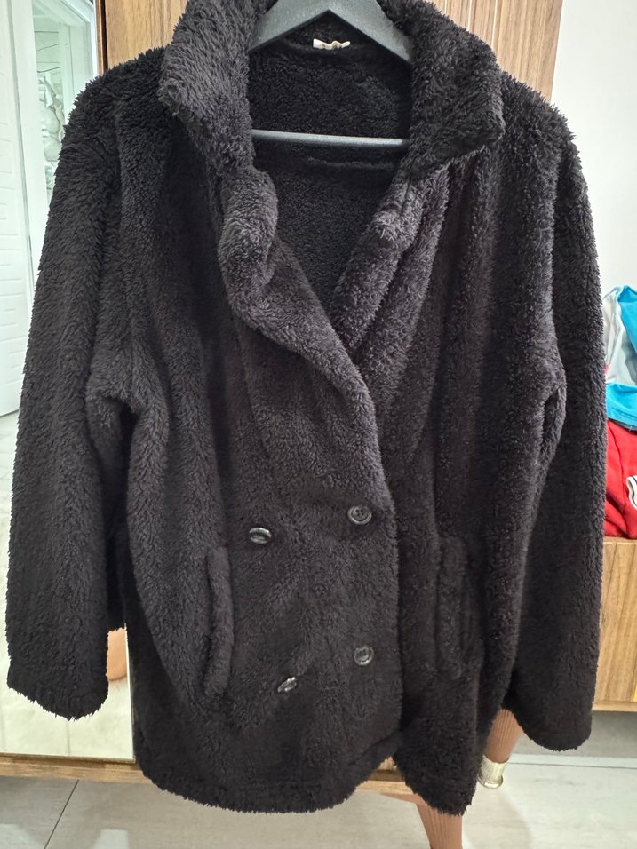 Siyah Peluş Kadın Ceket, Salaş Kesim, Midi Boy - Görsel 3