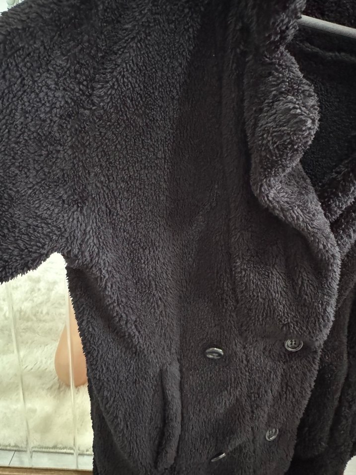 Siyah Peluş Kadın Ceket, Salaş Kesim, Midi Boy - Görsel 4