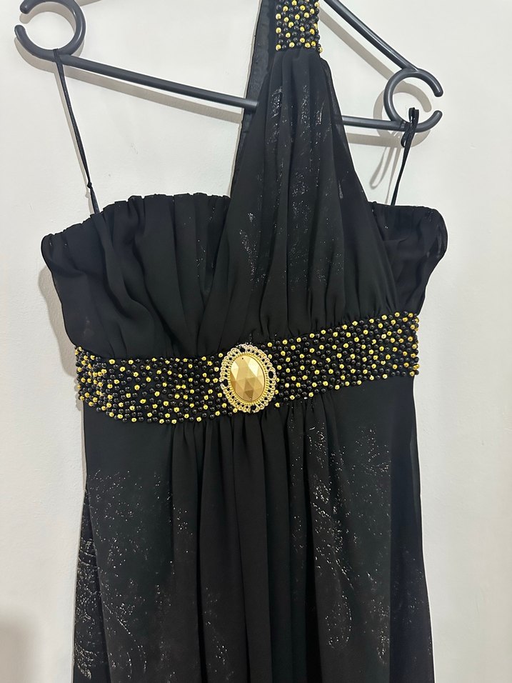 Uzun Siyah Gotik Drapeli Abiye Elbise - Görsel 3