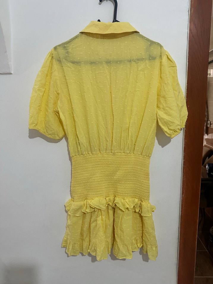 Sarı Kısa Kollu Fırfırlı Mini Elbise - Görsel 3