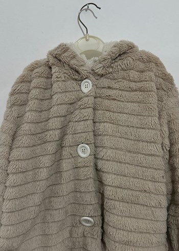 Kapüşonlu Bej Kürk Detaylı Kız Çocuk Ceketi - Görsel 2