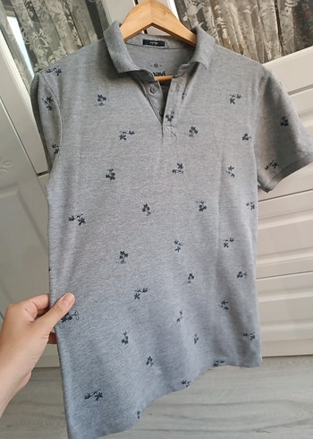 Mavi Gri Baskılı Kısa Kollu Polo Tişört