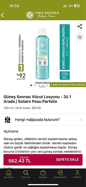 yves rocher güneş sonrası losyon