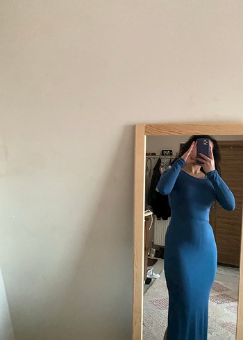 Uzun Kollu Lacivert Denim Midi Elbise - Görsel 3